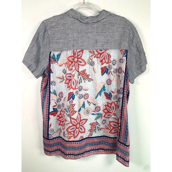 J Jill Linen Blend Mixed Print Short Sleeve Button Front Blouse M - Picture 2 of 6